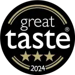 A black circular badge with gold trim displaying the words "great taste" and "2024", three gold stars, and a registered trademark symbol.