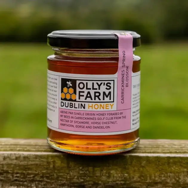 A jar of Carrickmines Summer Blossom Honey with a black lid and a pink label sits on a wooden surface outdoors, against a blurred green background.