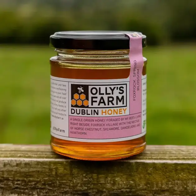 A jar of Foxrock Spring Blossom Honey sits on a wooden surface outdoors, with a green blurred field in the background. The clear jar shows golden honey and is labeled with the product name.