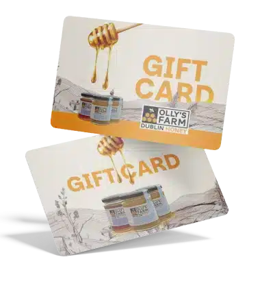 Two Olly’s Farm Dublin Honey gift cards featuring honey dripping from a dipper, jars of honey, and landscape illustrations, with "GIFT CARD" text prominently displayed.