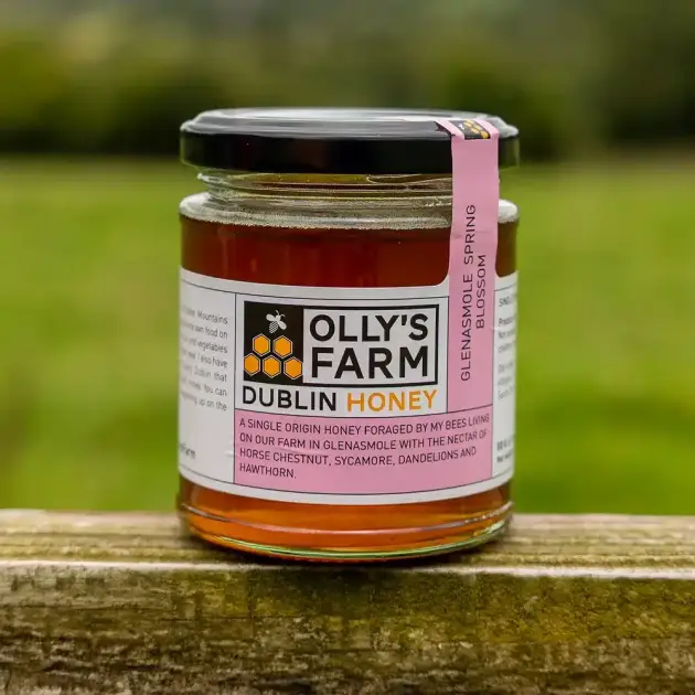 A jar of Glenasmole Spring Blossom Honey rests on a wooden surface outdoors, featuring a black lid and golden amber honey inside. Lush green foliage appears blurred in the background.