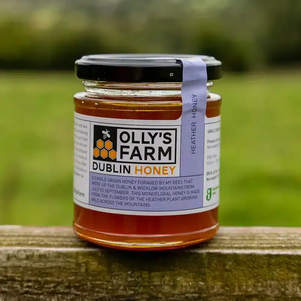 A jar of Dublin Mountains Heather Honey with a black lid rests on a wooden surface outdoors. The label displays a bee logo and product details, with a blurred background of fields and greenery.