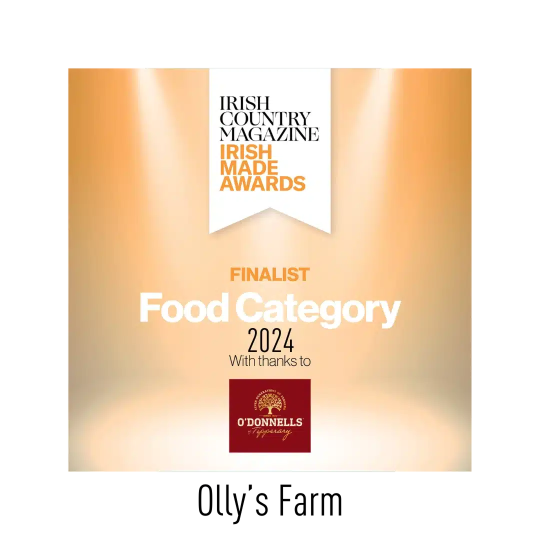 A graphic announcing a finalist in the Irish Country Magazine Irish Made Awards 2024, Food Category, with thanks to O'Donnells, whose logo appears at the bottom. The background is orange with spotlights at the top.