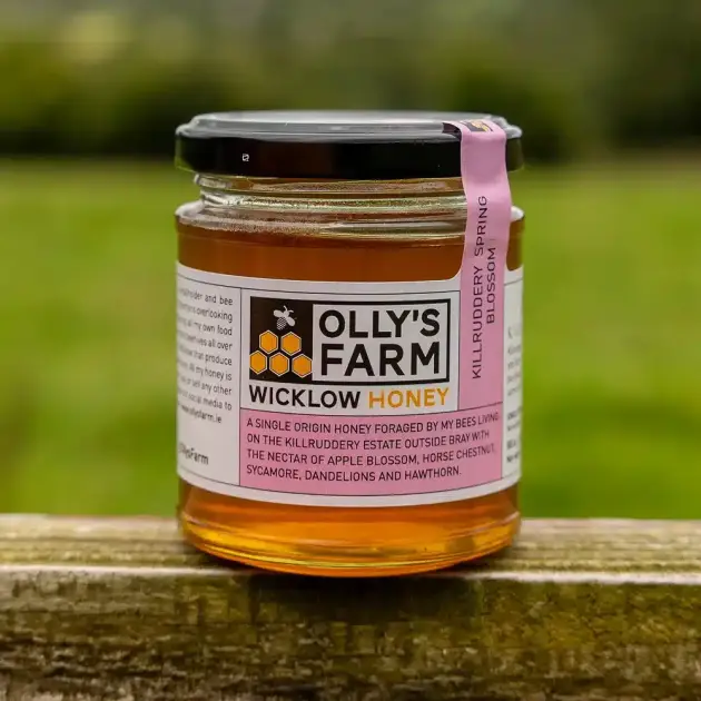 A jar of Killruddery Spring Blossom Honey rests on a wooden surface outdoors, with a blurred green field behind it. The label highlights its single-origin source and spring blossom flavor.