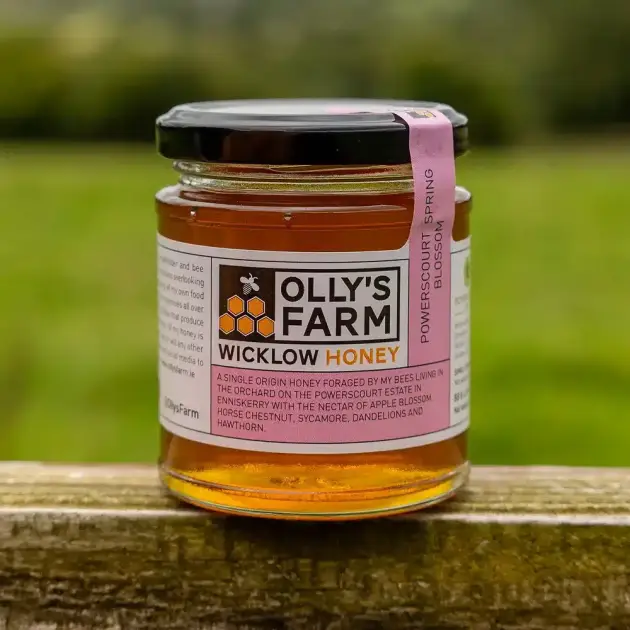 A jar of Powerscourt Spring Blossom Honey with a pink label rests on a wooden surface outdoors, against a blurred green landscape. The honey inside appears golden and clear.