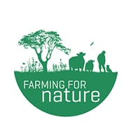 Green logo with a tree, cow, calf, person, and dog, along with a flying bird. Below, the text reads "Farming For Nature." The scene is set within a green semicircle on a white background.