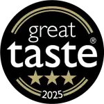 A black circular badge with gold accents, featuring the words "great taste" and three gold stars below, along with "2025" at the bottom.
