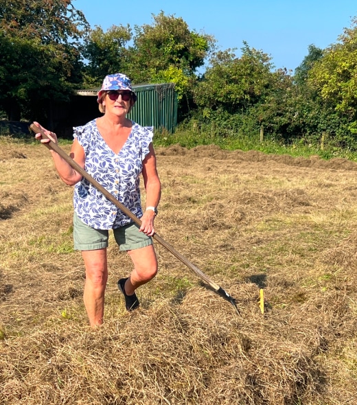 A woman wearing sunglasses, a floral hat, a blue-and-white patterned shirt, and shorts is raking hay in a sunny field with trees and a green shed in the background.