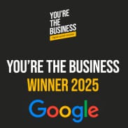 Black background with white and yellow text reading: "You're The Business Digital Growth Initiative," "YOU'RE THE BUSINESS WINNER 2025," and the Google logo at the bottom.