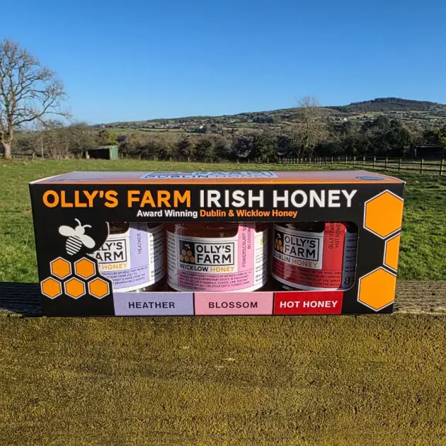 The Irish Honey Discovery Trio – Heather, Blossom & Hot Honey—three jars of Olly’s Farm Irish honey—rests on a wooden fence with green fields and hills stretching under a blue sky in the background.