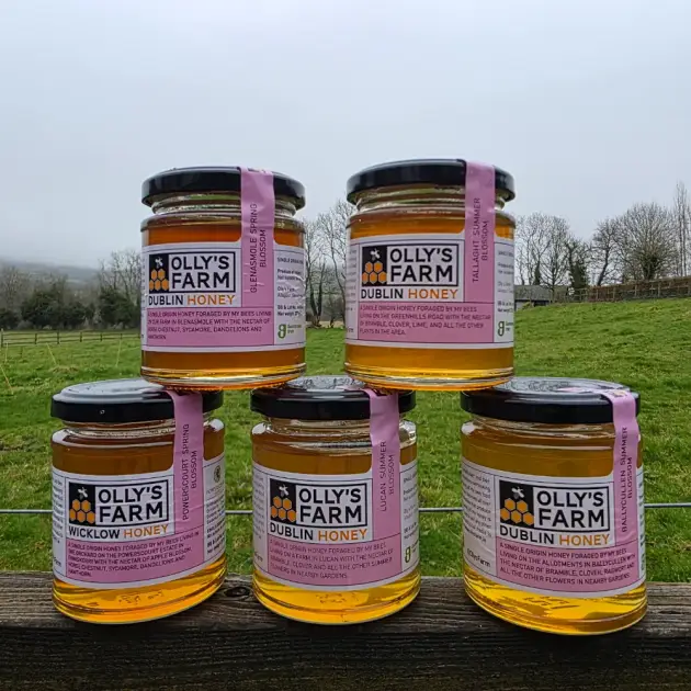 5 jars of honey placed on a fence in a field