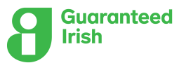 Green "Guaranteed Irish" logo with a stylized lowercase "g" and "i" on the left, and the words "Guaranteed Irish" in bold green font on the right, all on a light background.