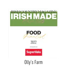 Award graphic reading “Irish Country Magazine Irish Made Awards, Food Finalist 2022, sponsored by SuperValu” with a green banner and SuperValu logo at the bottom.