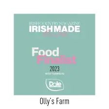 A teal square graphic reads "IRISH COUNTRY MAGAZINE IRISH MADE Awards. Food Finalist 2023, with thanks to Dole," with the Dole logo at the bottom.