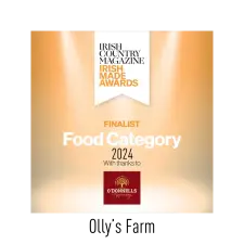 A graphic announcing a finalist in the Irish Country Magazine Irish Made Awards 2024, Food Category, with thanks to O'Donnells, whose logo appears at the bottom. The background is orange with spotlights at the top.