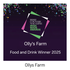 A graphic showing "Irish Country Magazine Irish Made Awards." Confetti decorates the top. Text below reads: "Olly's Farm, Food and Drink Winner 2025." "Olly's Farm" is repeated at the bottom.