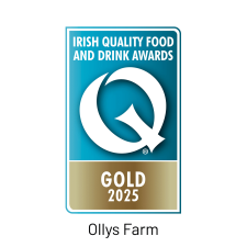 Irish Quality Food and Drink Awards logo with a large white "Q" on a blue background. Gold banner reads "GOLD 2025." Text below says "Ollys Farm.