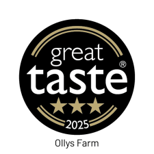 A black and gold "Great Taste 2025" award badge with three gold stars, and the text "Ollys Farm" below it.