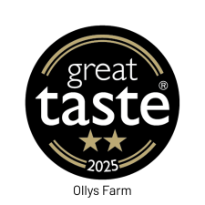 A black circular "Great Taste 2025" award badge with two gold stars, gold lines, and white and gold text. "Ollys Farm" is written below the badge.